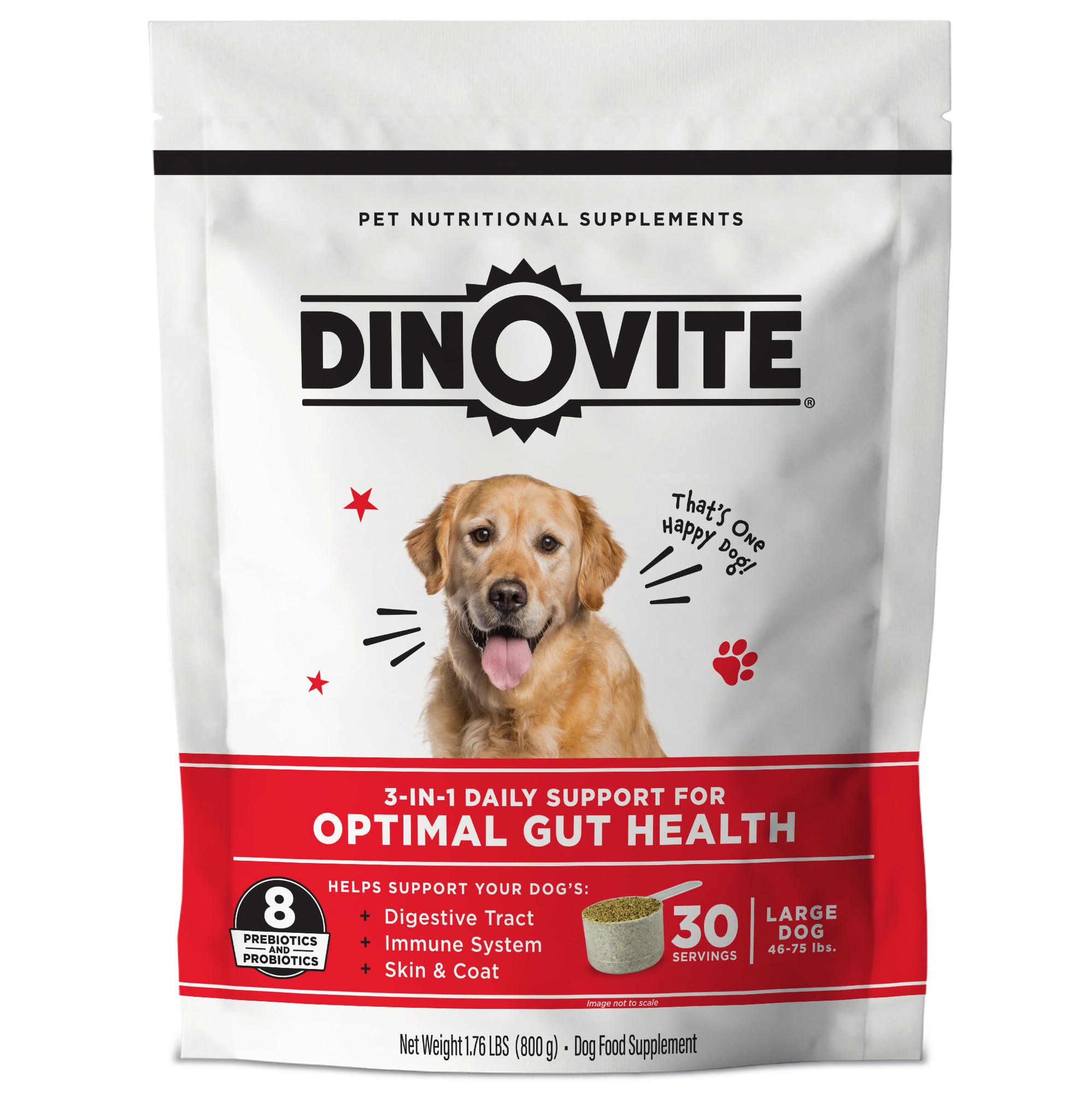 Dinovite probiotic dog bottle label highlighting gut health ingredients.