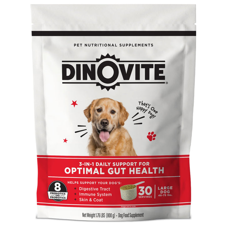 Dinovite probiotic dog bottle label highlighting gut health ingredients.