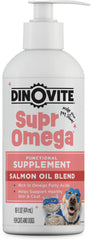 Dinovite SuprOmega salmon oil bottle ready to pour for easy meal mixing to support skin and coat.