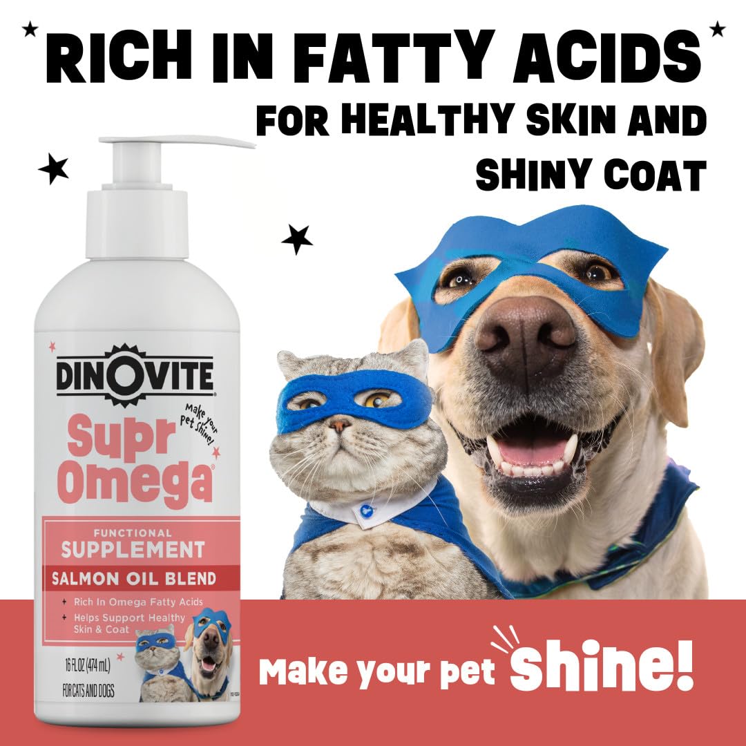 Dinovite SuprOmega label close-up highlighting wild salmon origin and omega-3 benefits for pets.