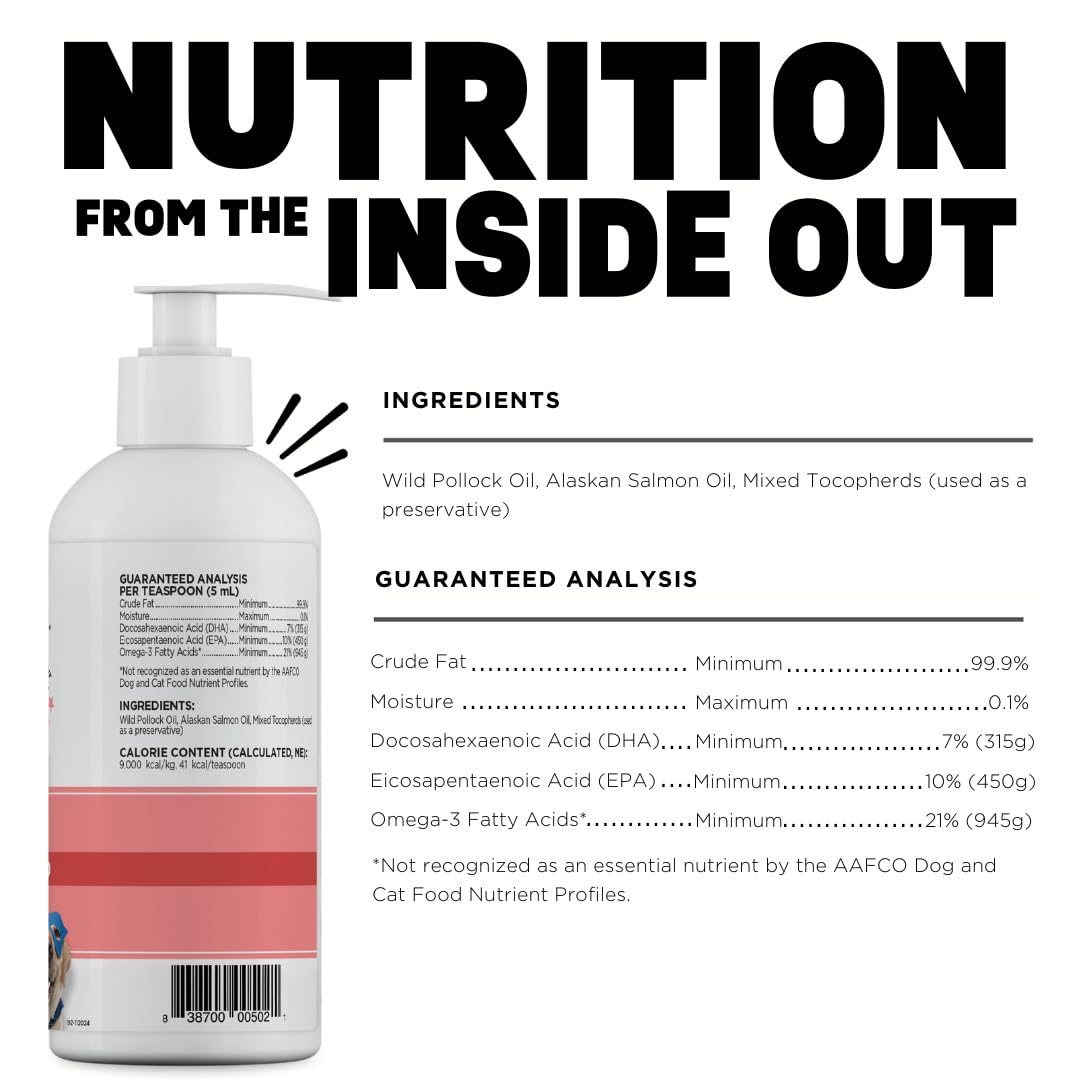 Dinovite SuprOmega wild salmon oil pour over pet food to help support a healthy coat.