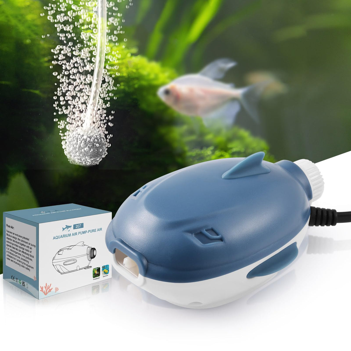 Dirvin 2W silent aquarium air pump for 5-20 gallon tanks with steady airflow.