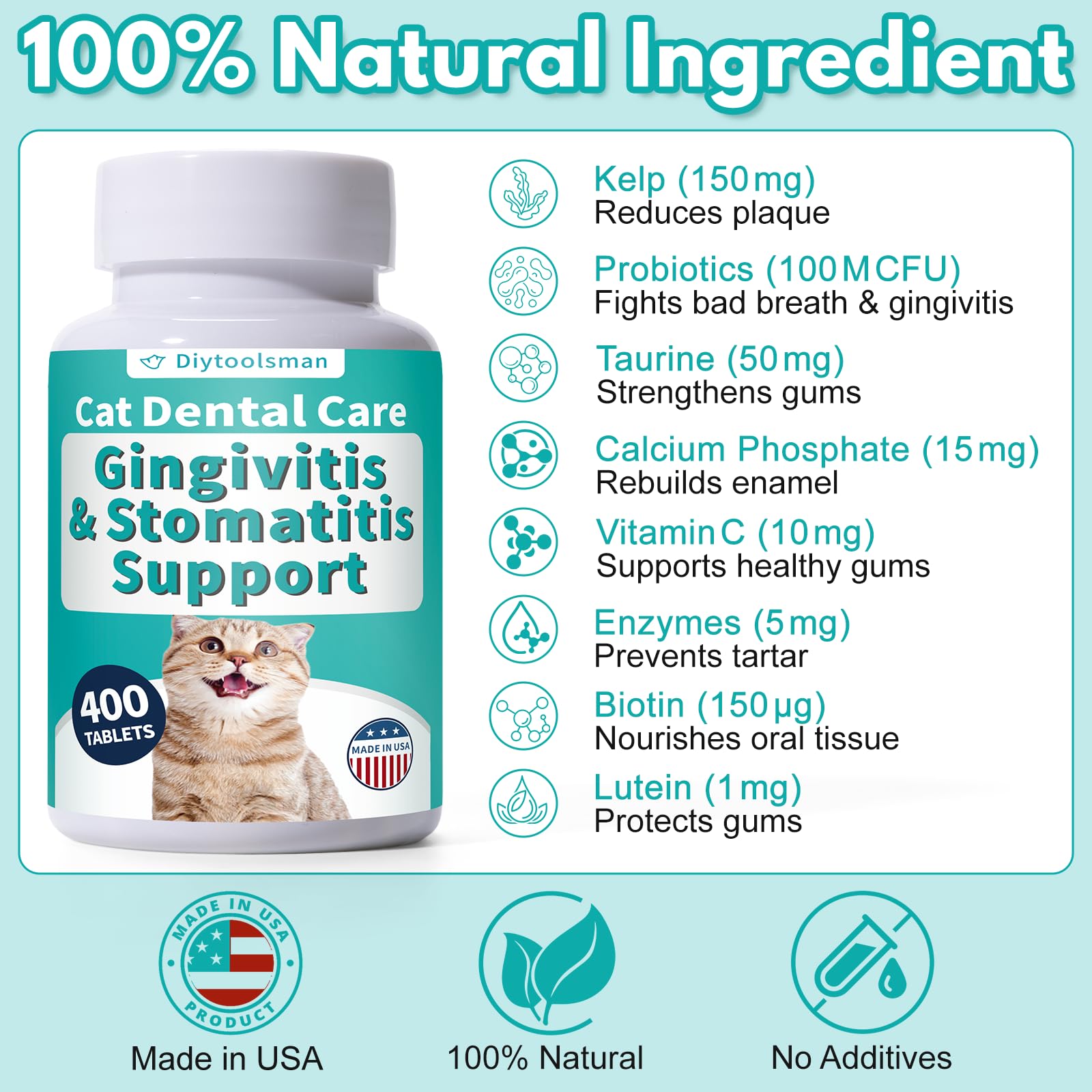 Diytoolsman packaged cat dental care label highlights natural formula.
