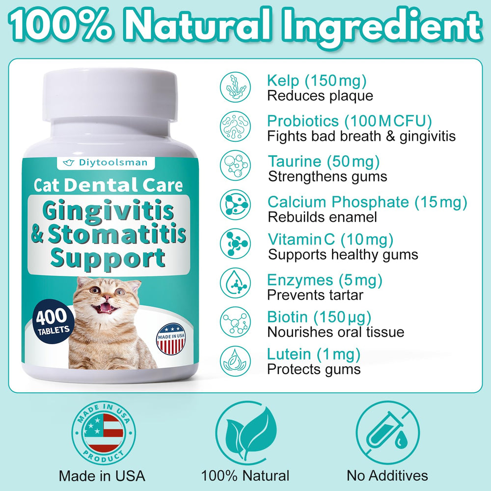 Diytoolsman packaged cat dental care label highlights natural formula.