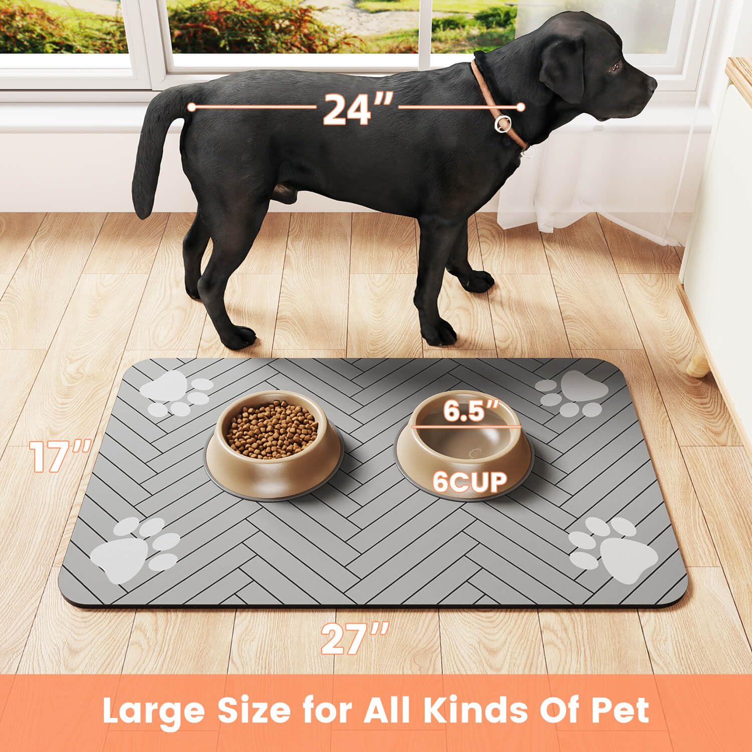 DK177 mat measures 24x16 inches for two-bowl setups.