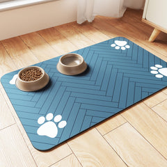 DK177 pet feeding mat absorbs spills, blue surface protects floors.