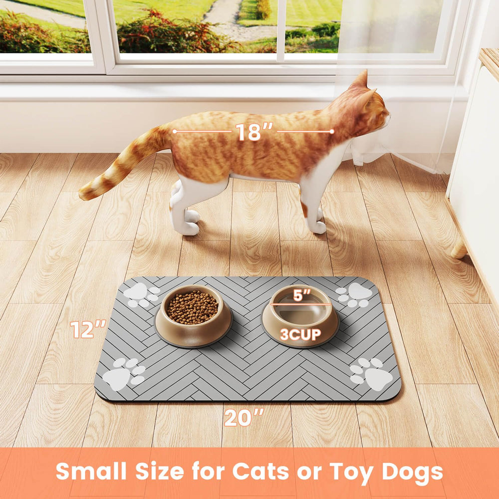 Striped light gray DK177 mat adds tidy style to the feeding area.