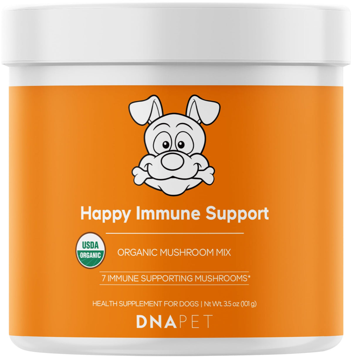 DNA PET Happy Immunity mushroom powder tub showing organic blend for canine wellness