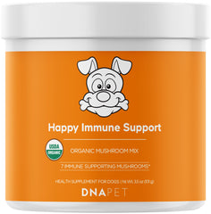 DNA PET Happy Immunity mushroom powder tub showing organic blend for canine wellness