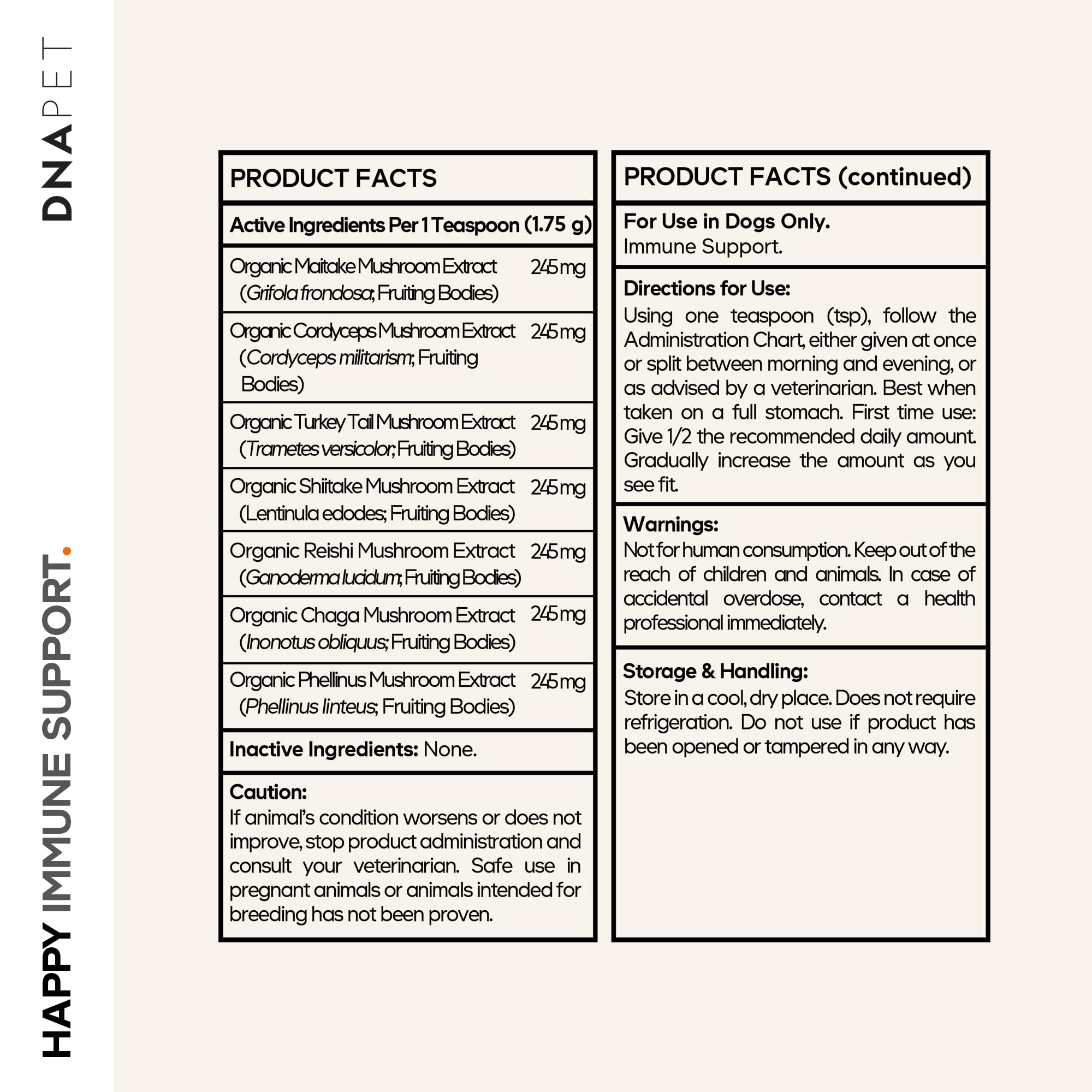 DNA PET Happy Immunity seven-mushrooms blend ingredients chart for dogs