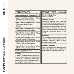 DNA PET Happy Immunity seven-mushrooms blend ingredients chart for dogs