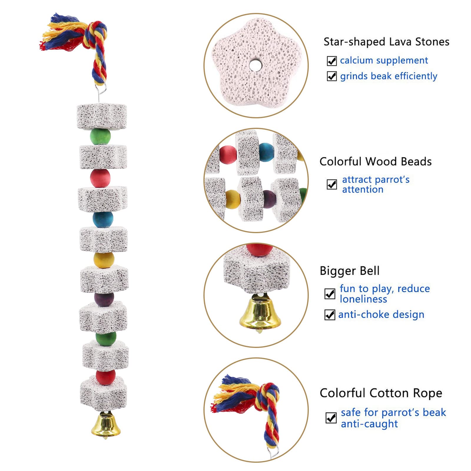 Dnoifne parrot toy with bell bottom provides audible feedback during chewing