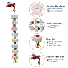 Dnoifne parrot toy with bell bottom provides audible feedback during chewing