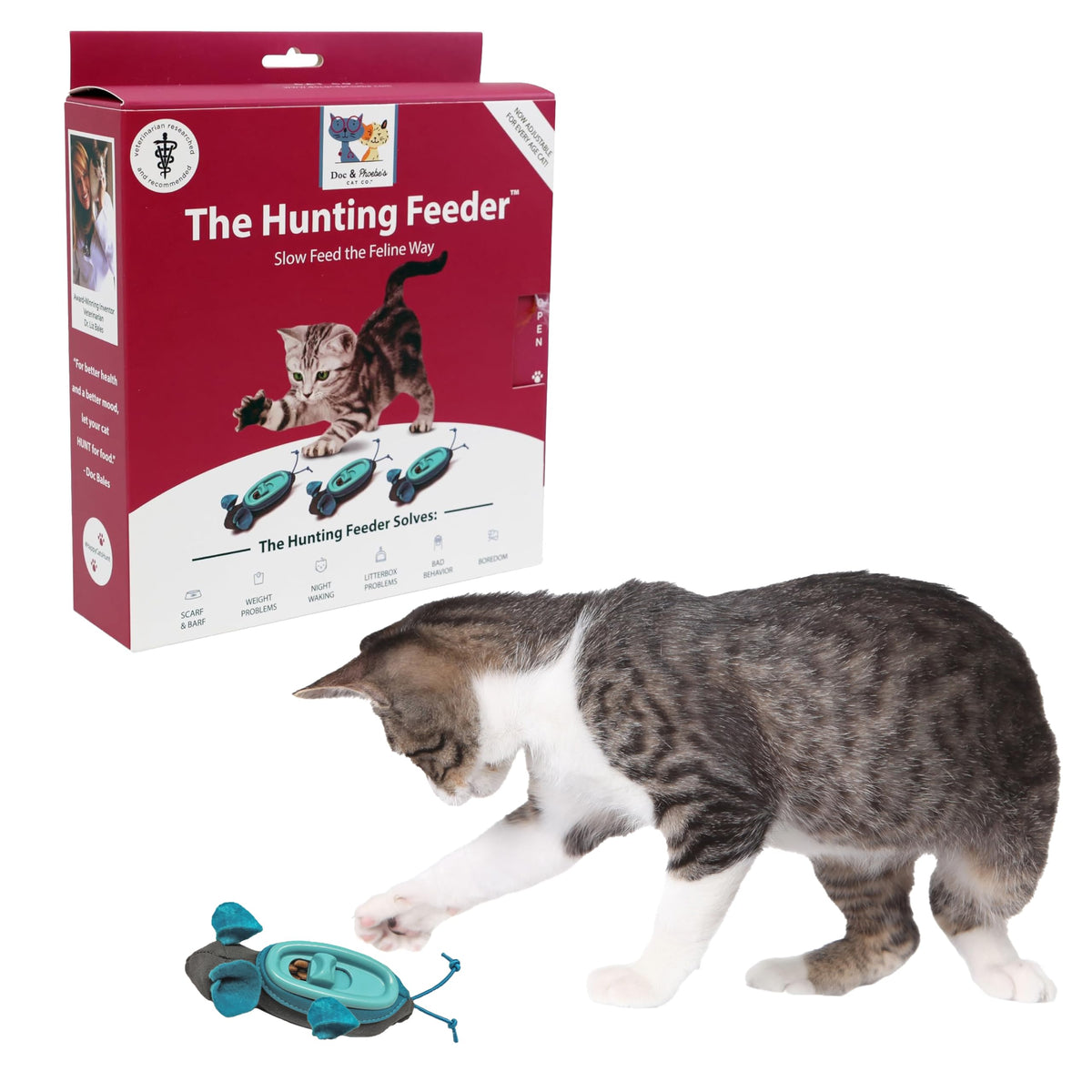 Doc & Phoebe's SPOT Cat Hunting Feeder assembly view showing quick setup for interactive play