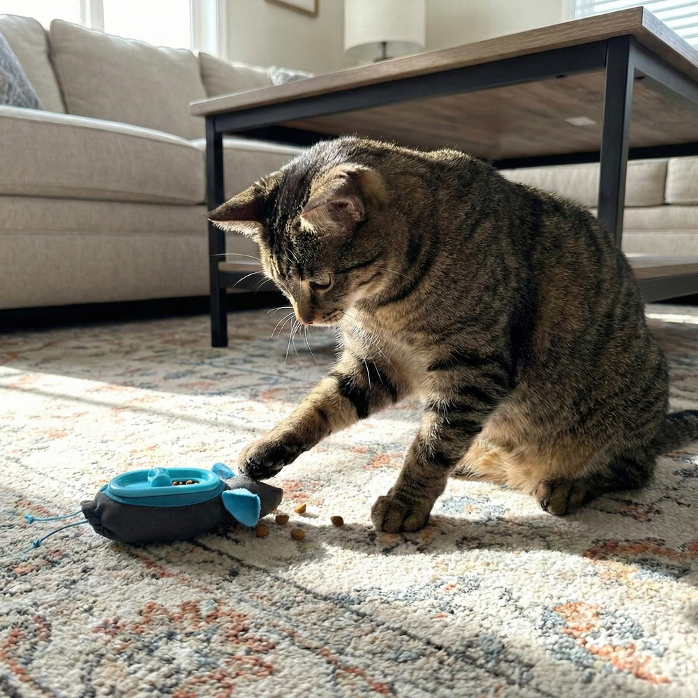 Doc & Phoebe's SPOT Cat Hunting Feeder in action during playtime and hunting practice