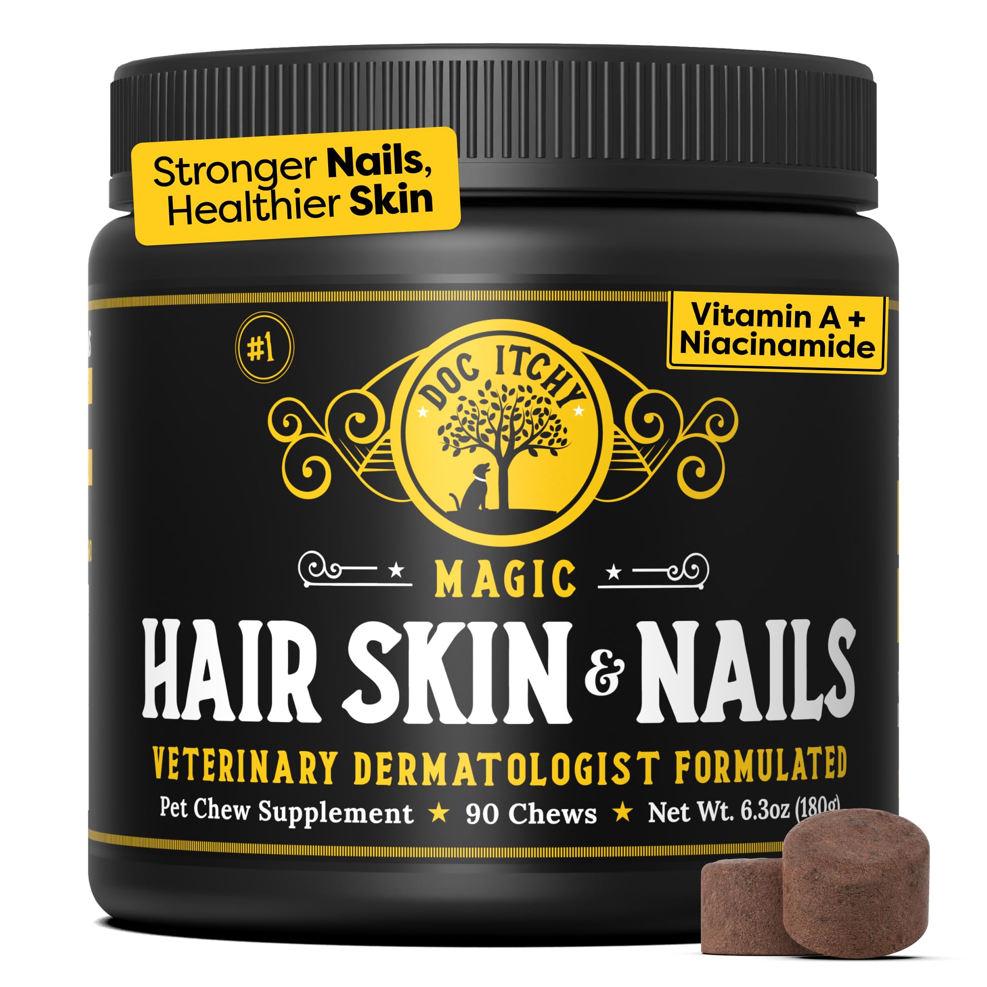 DocItchy medical-strength dog bottle chews for a healthier coat.
