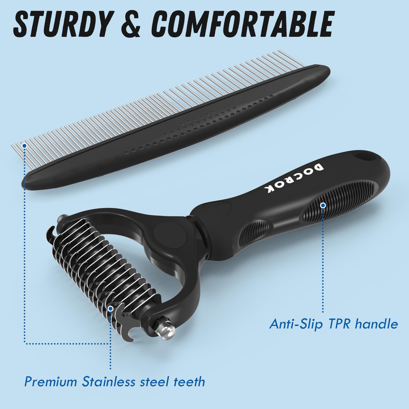 Docrok lightweight TPR handle offers comfortable grooming sessions.