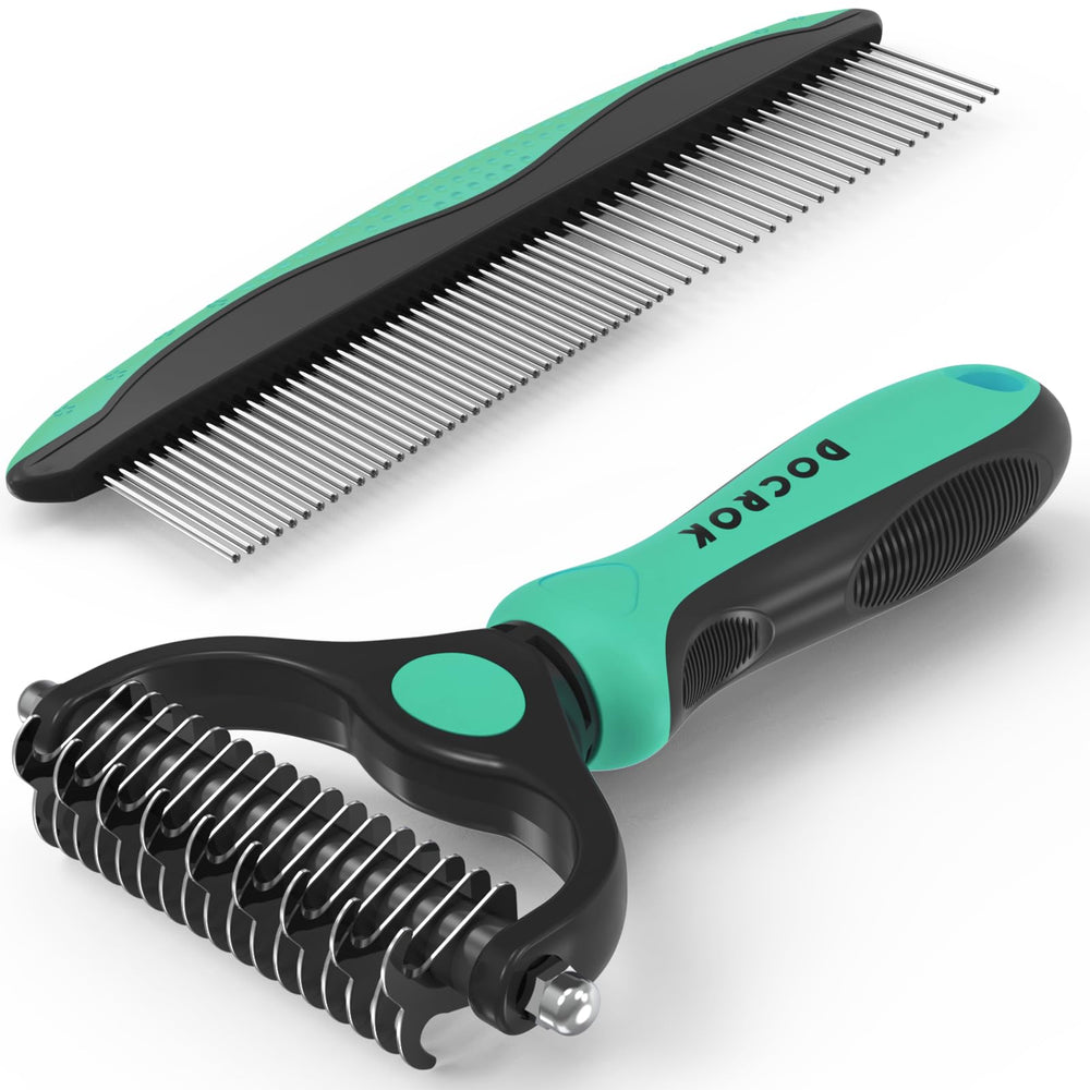 Docrok pet grooming brush and comb set for gentle detangling and grooming.