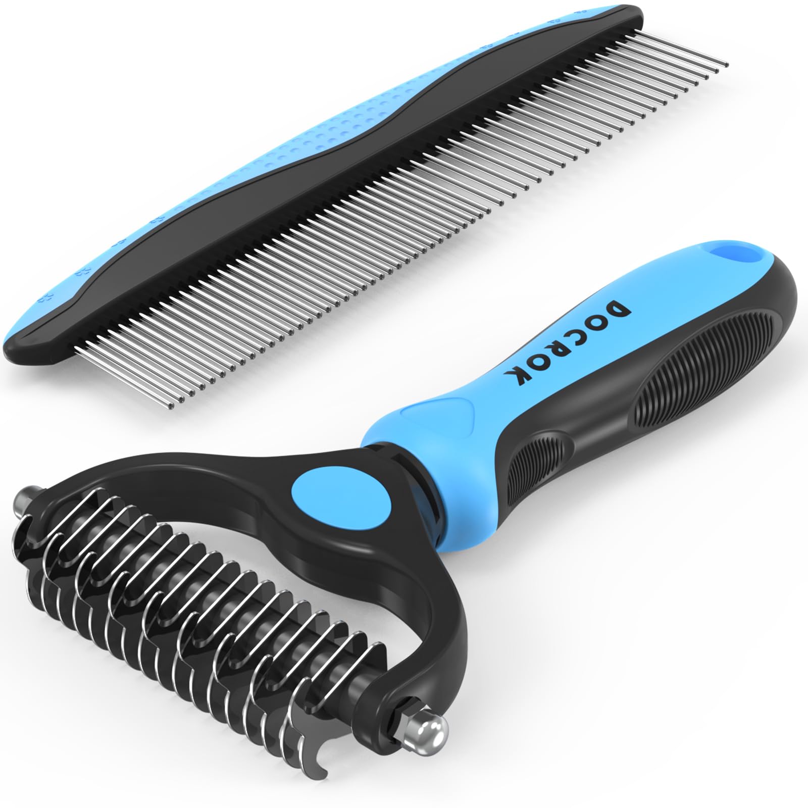 Docrok Pet Grooming Combo blue deshedding brush reduces shedding for dogs and cats.