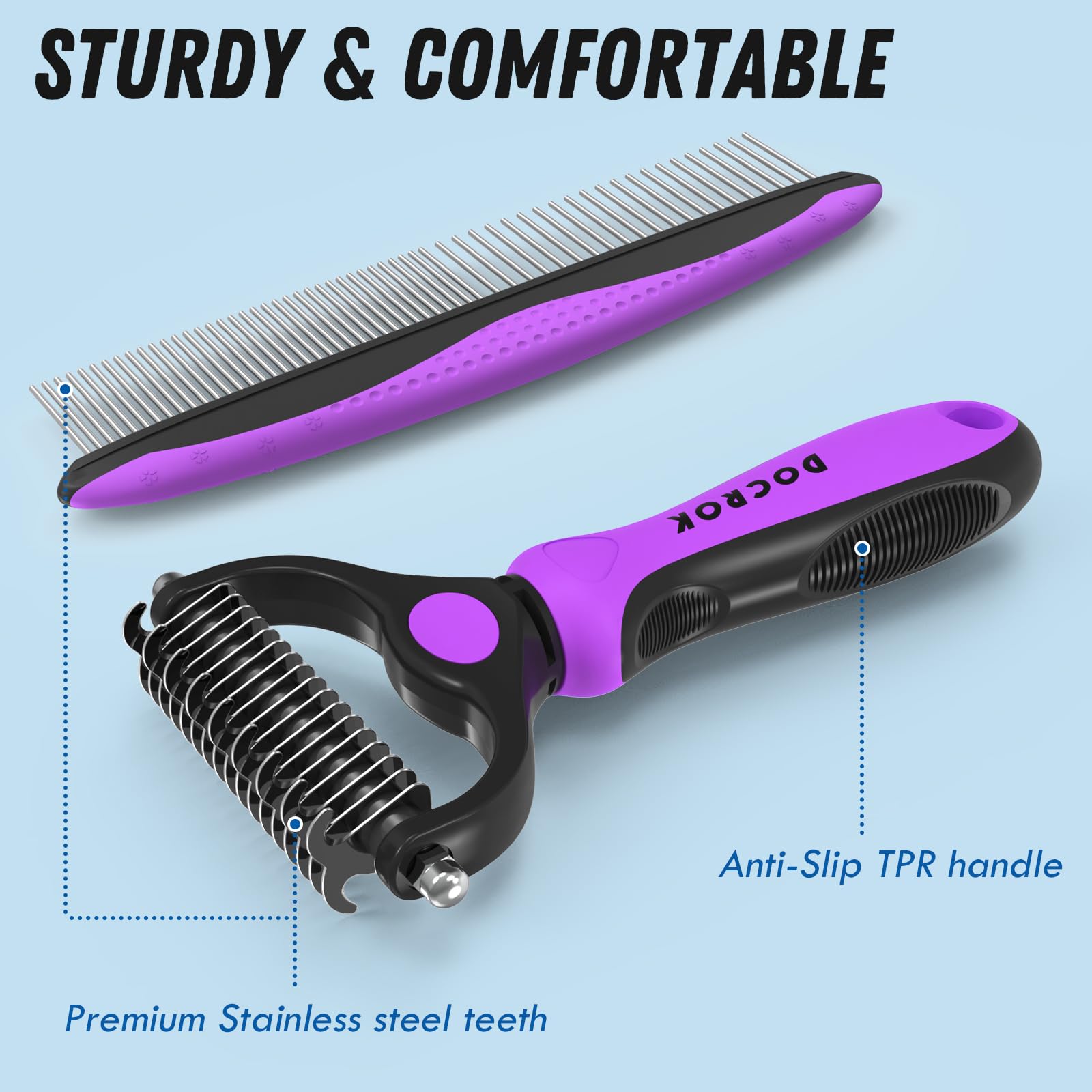Docrok stainless-steel teeth offer durable, precise grooming across coats
