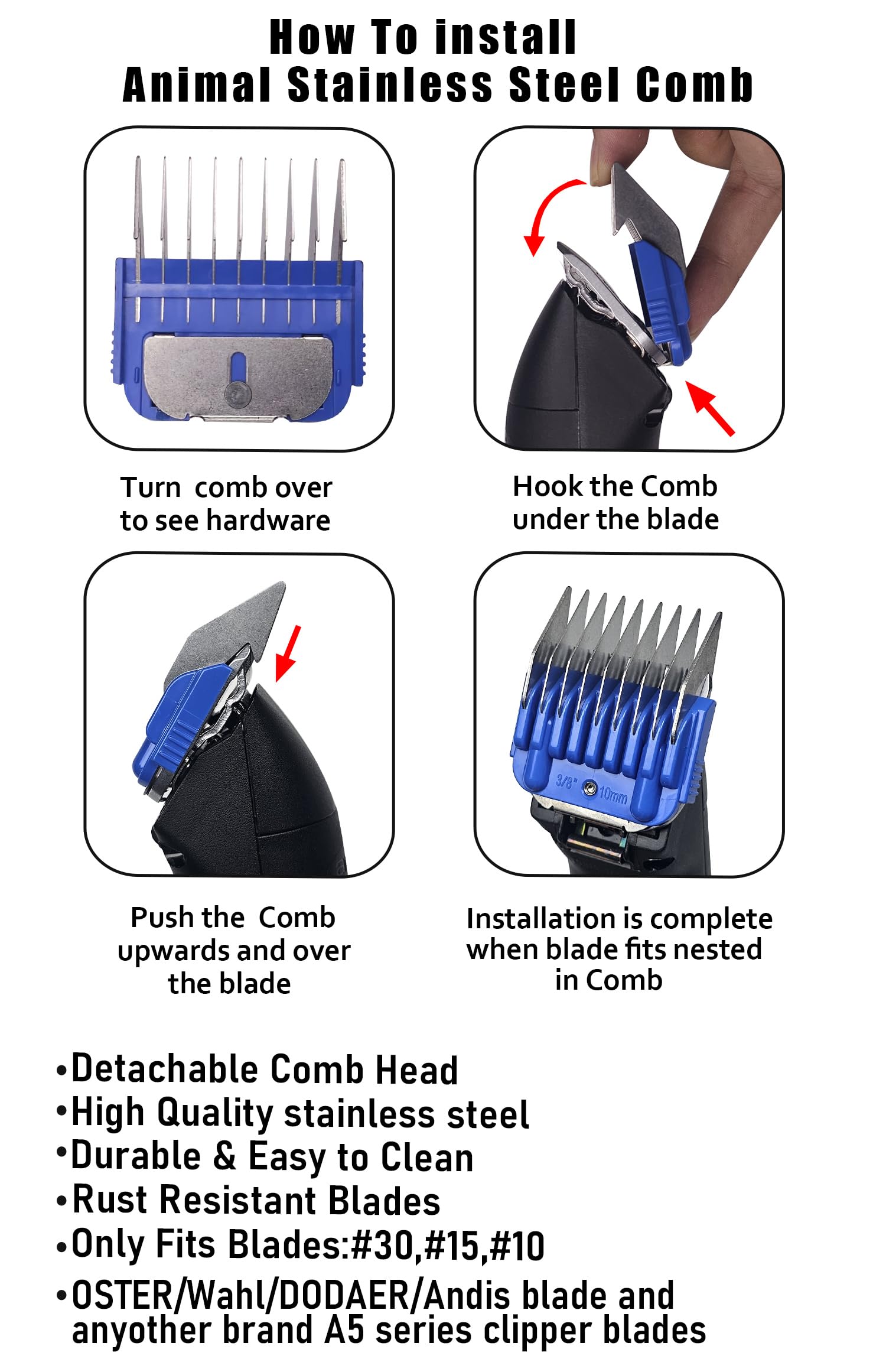 Eight comb sizes from 1/8 inch to 1 inch for versatile pet coats.