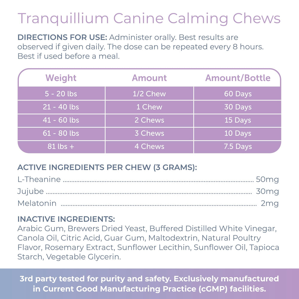 Tranquillium chews beside a dog bowl ready for daily use.