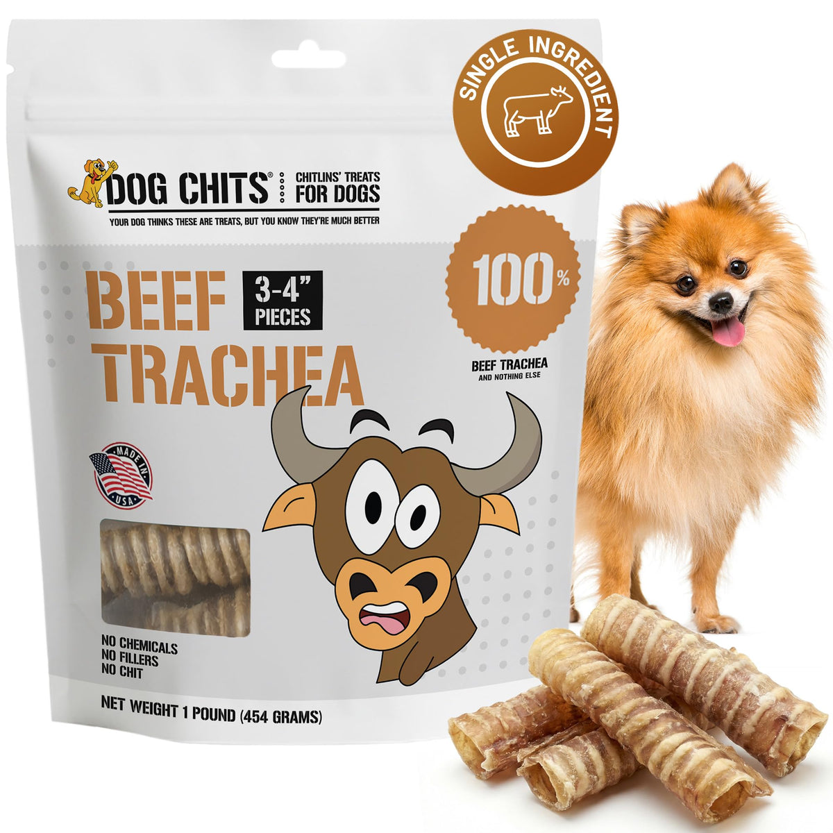 Dog Chits Beef Trachea 1lb bag, a protein-rich chew for dogs.