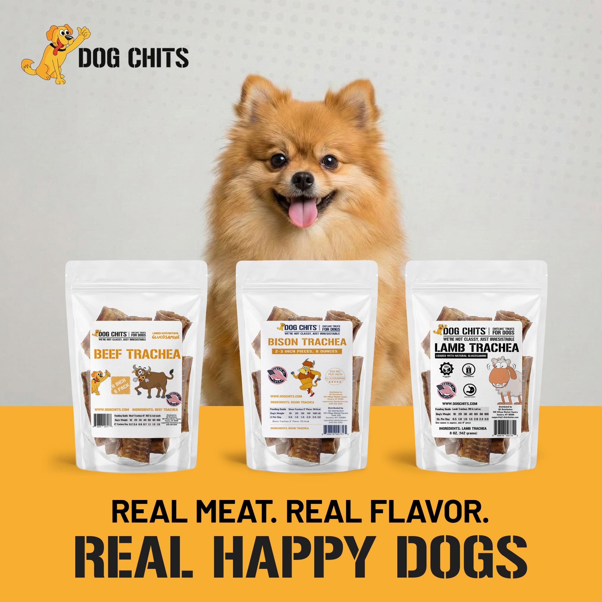 Dog Chits Beef Trachea label-back view shows ingredients and sourcing.