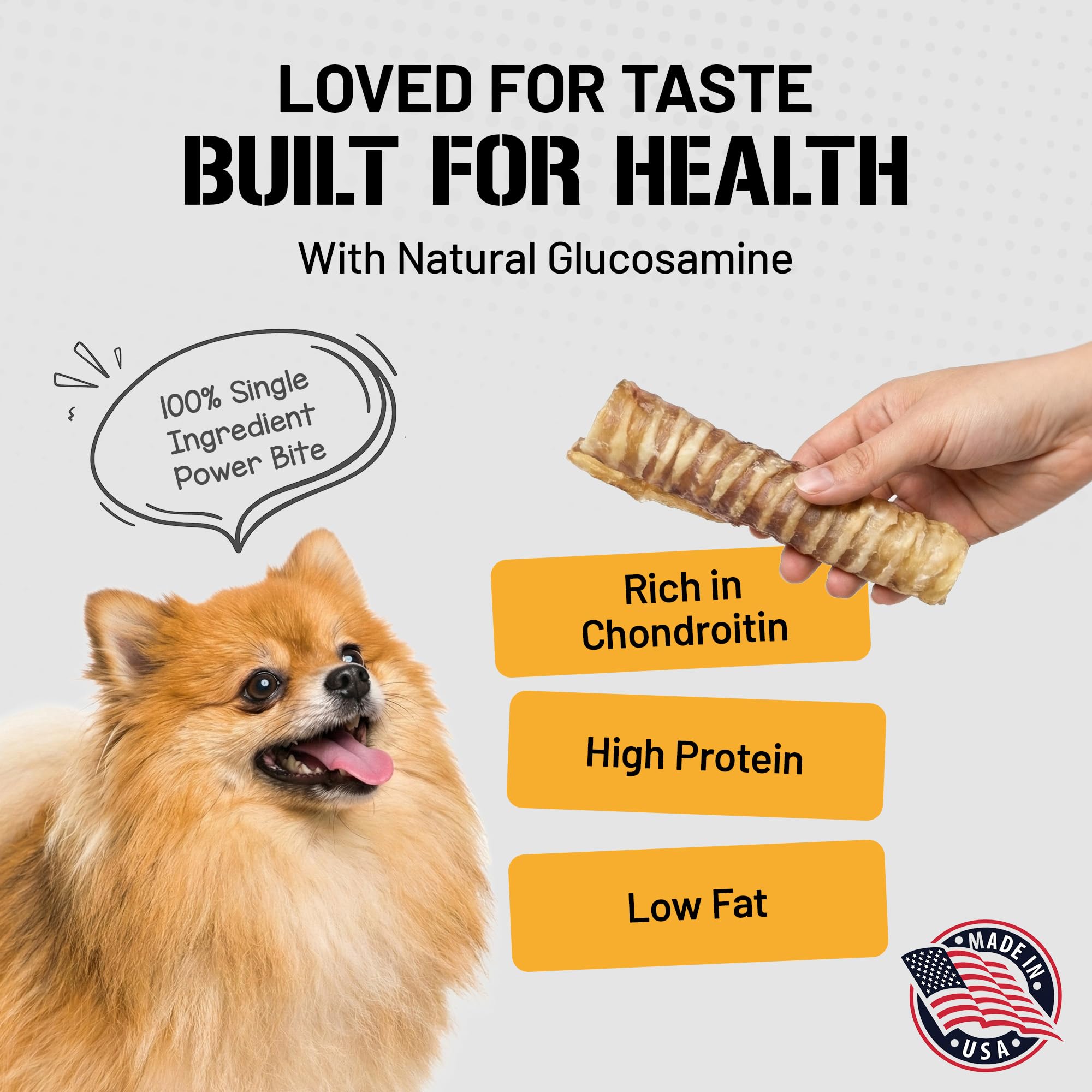 Dog Chits Beef Trachea texture closeup emphasizing durable, long-lasting chew.