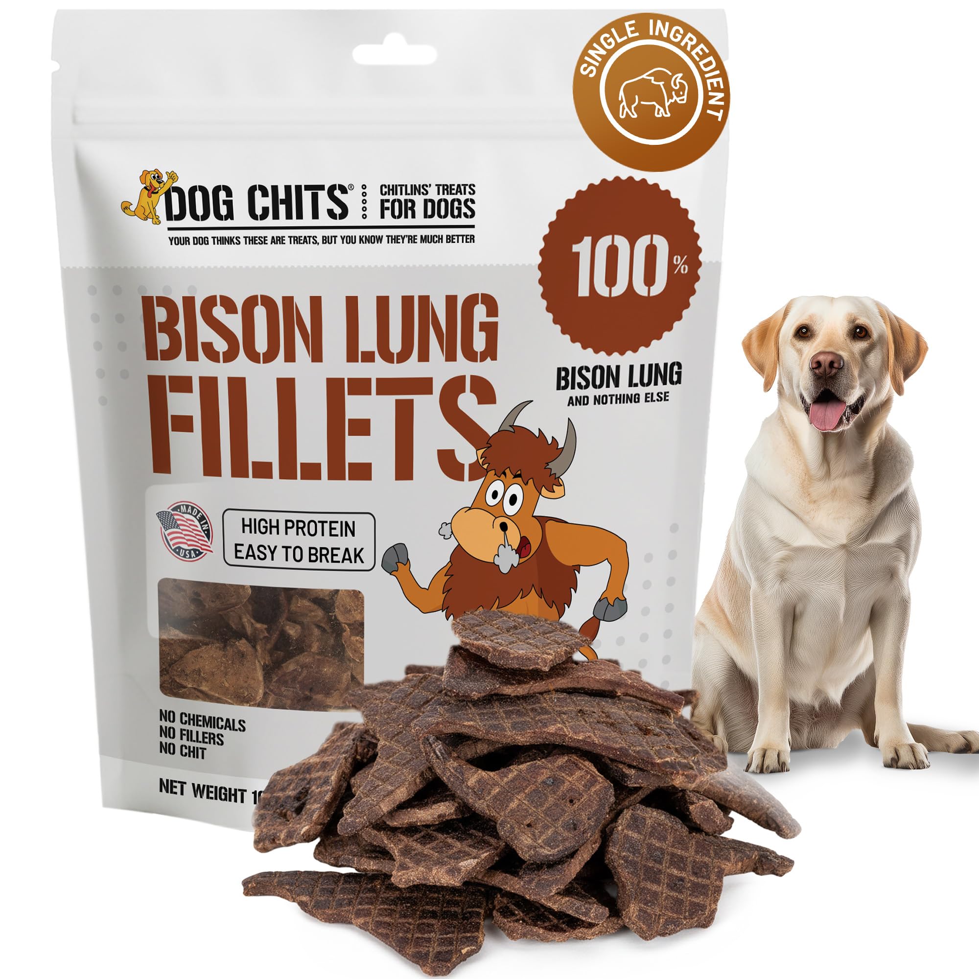 Dog Chits Bison Lung Fillets pack shot, all-natural single-ingredient treat for lean protein.