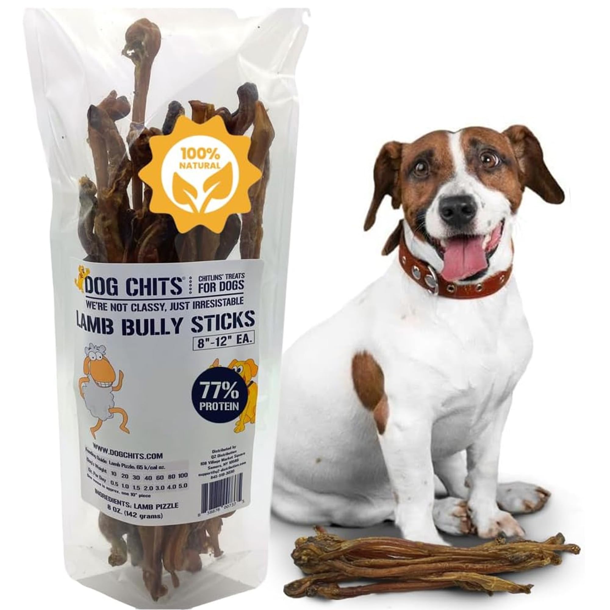 Dog Chits bully sticks packaging shows USA-made quality and single-ingredient chew.