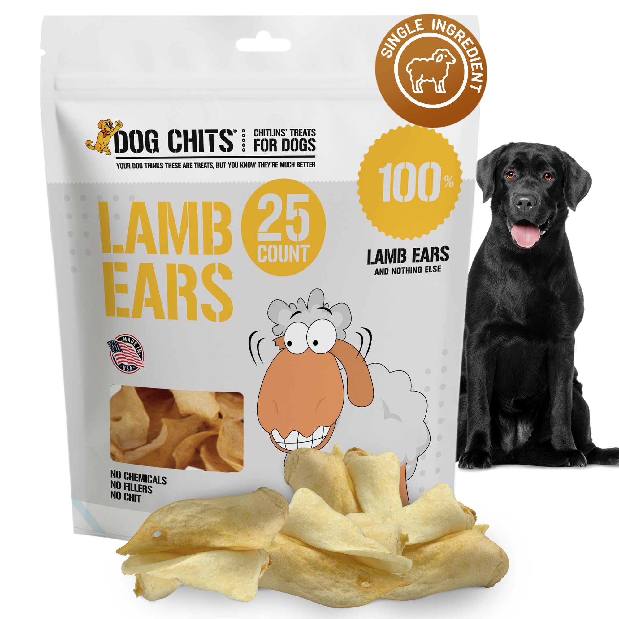 Dog Chits Lamb Ears pack-front shows a natural, single-ingredient dog treat.