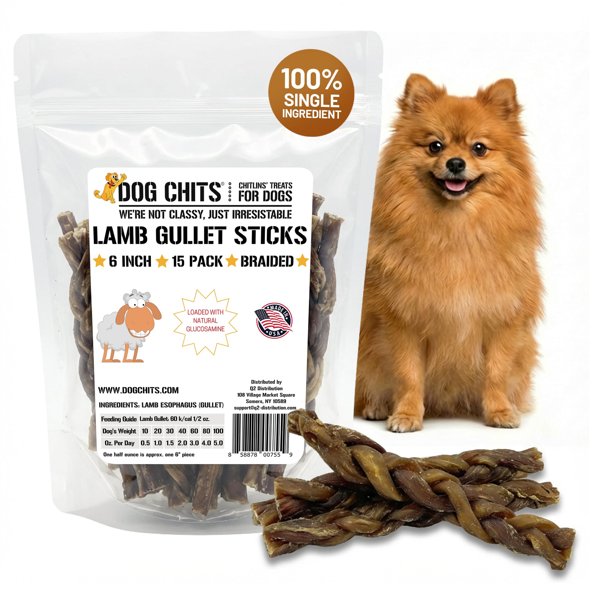 Dog Chits Lamb Esophagus Chews pack shows 6-inch treats for long-lasting chewing