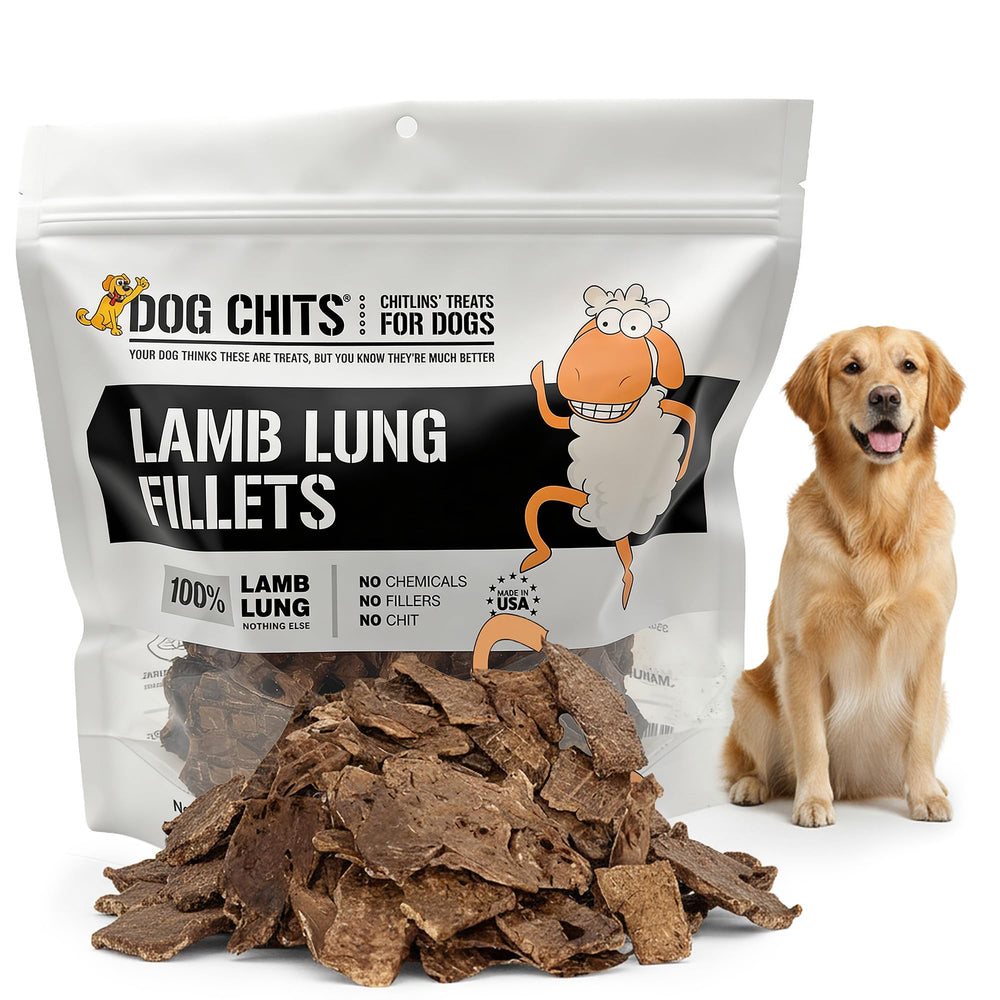 Dog Chits Lamb Lung Fillets bag front for dogs, ready-to-serve training treats