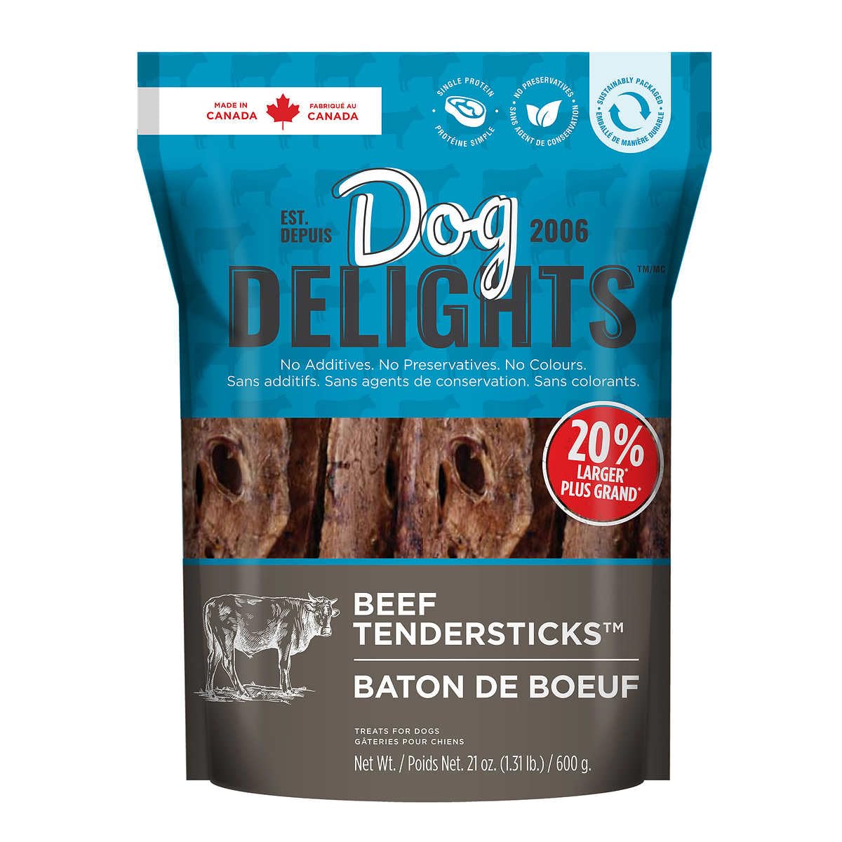 Dog Delights Beef Tendersticks packaging in resealable bag preserves freshness