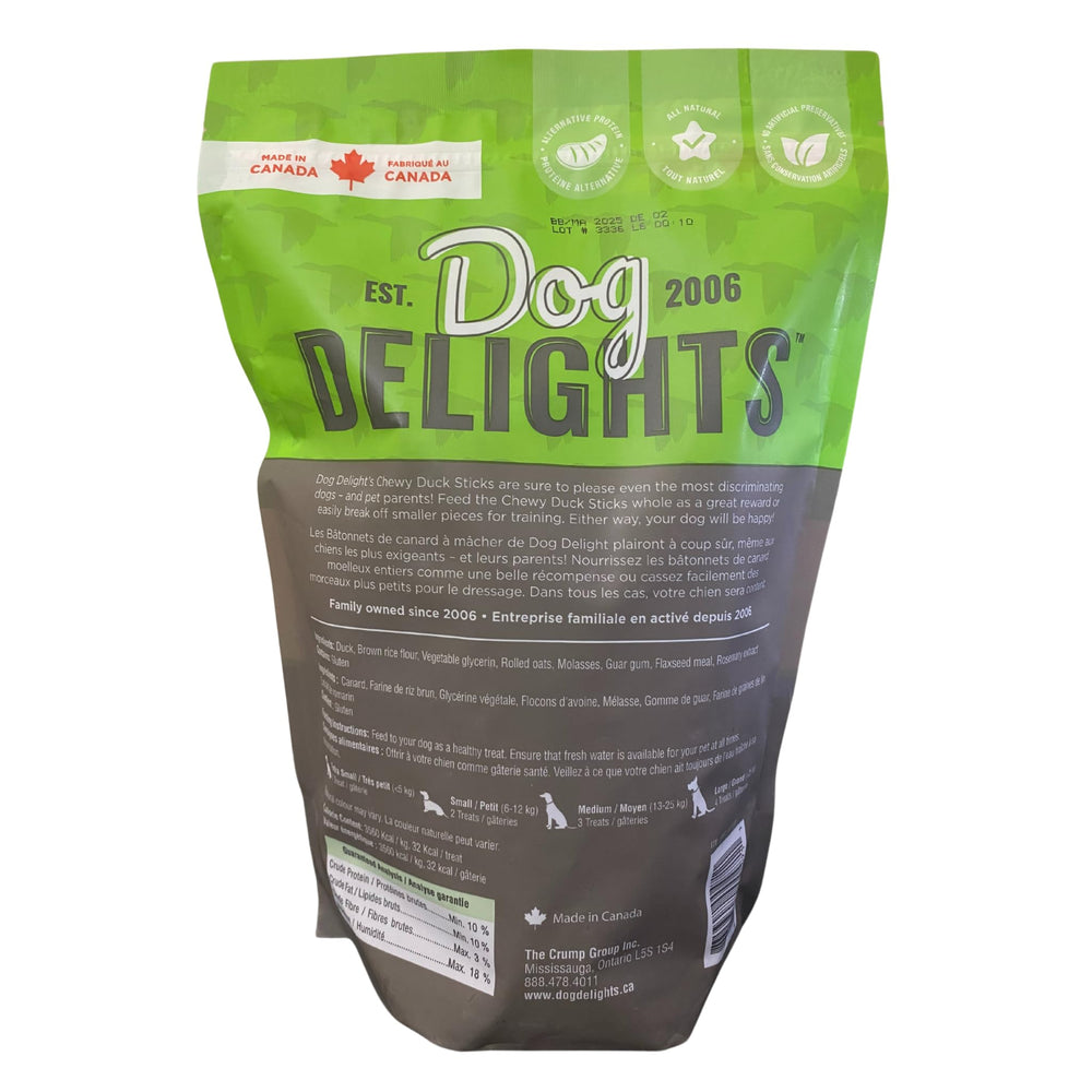 Close-up of Dog Delights Chewy Duck Sticks texture and chew surface.