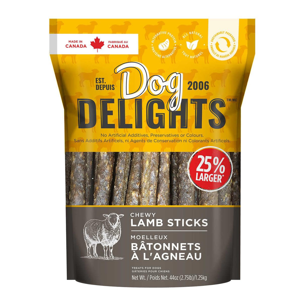 Dog Delights Chewy Lamb Sticks pack—premium ingredients for dogs.