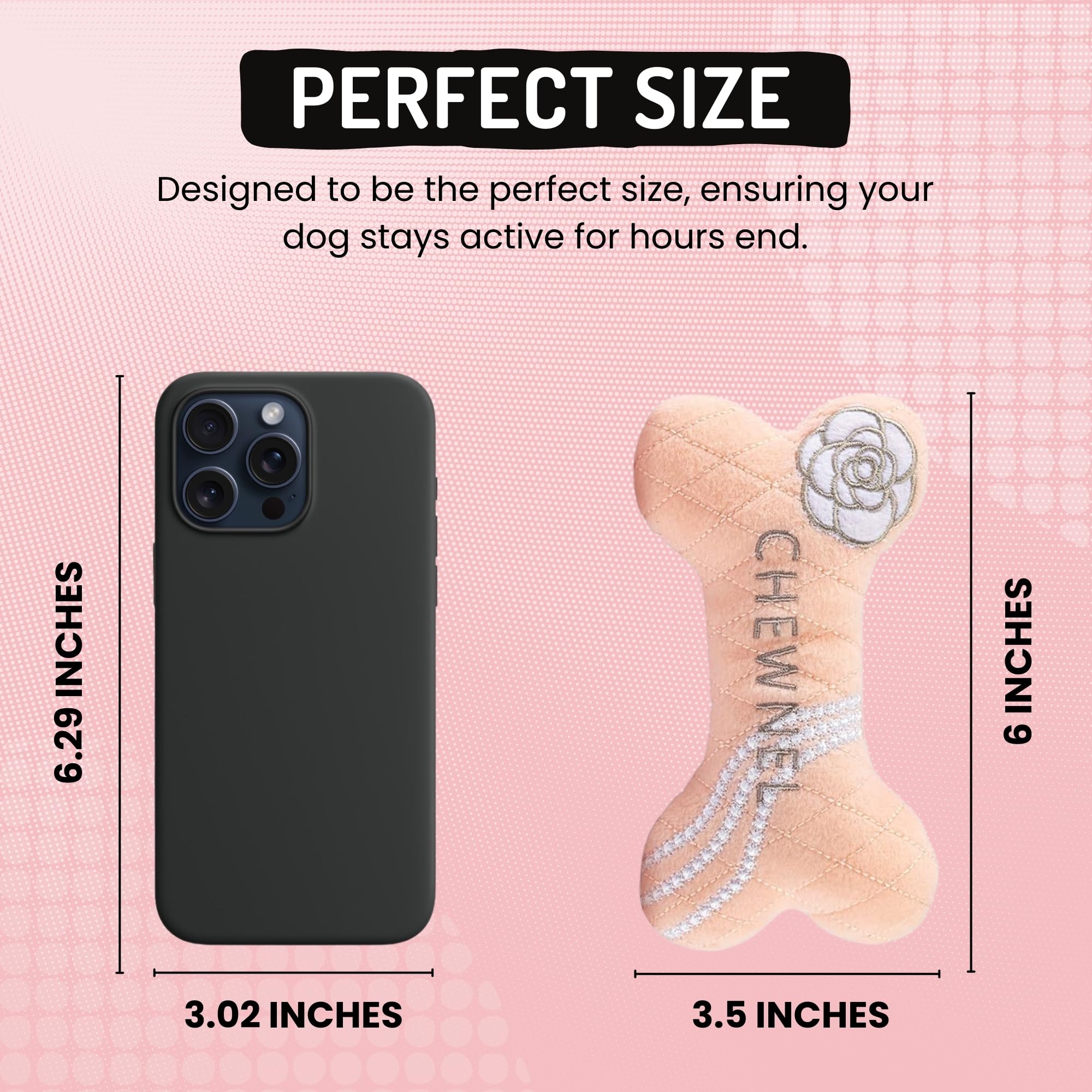 Dog Diggin Designs Chewnel Blush plush bone measures 6 inches for compact fun