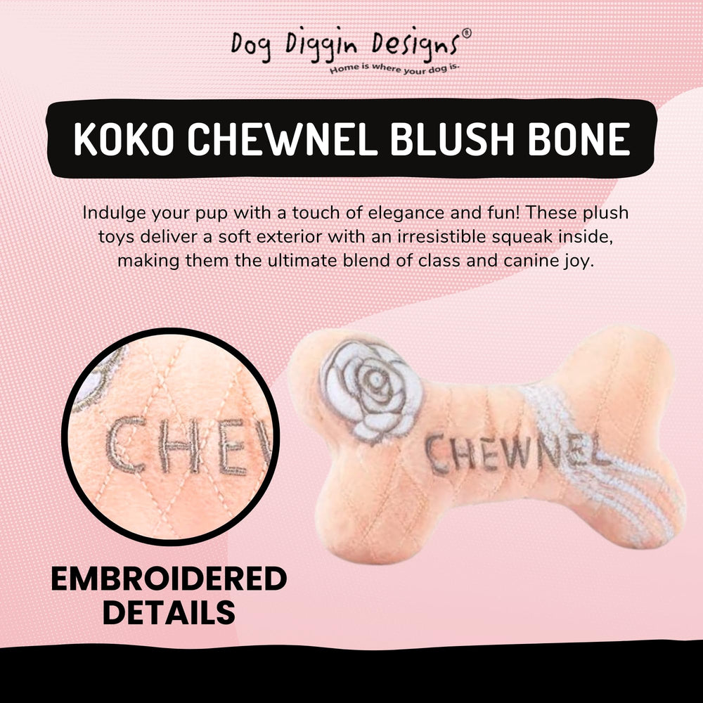 Dog Diggin Designs Chewnel Blush plush bone with squeaker enhances interactive playtime