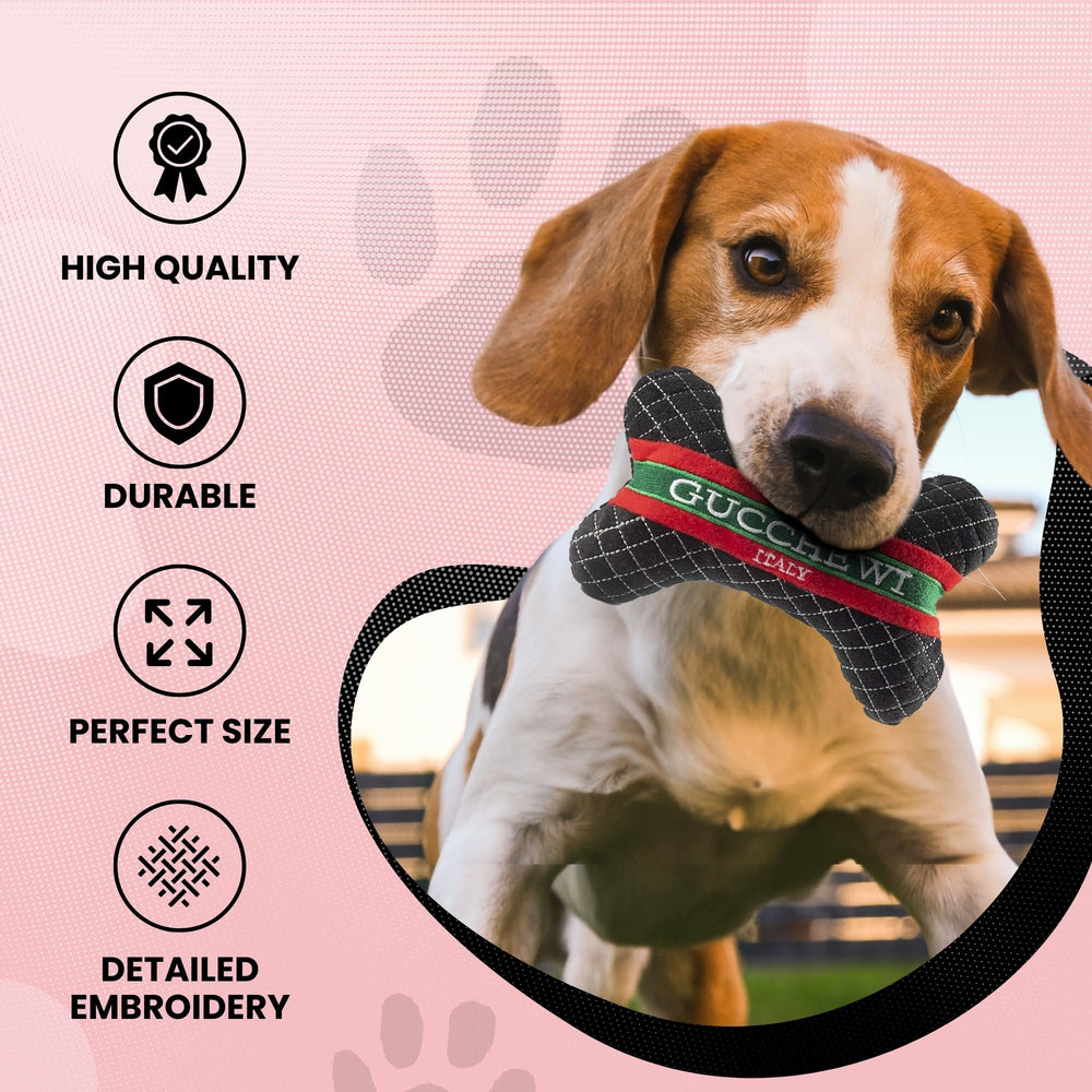 Gucchewi plush bone toy applique details and logos for premium look
