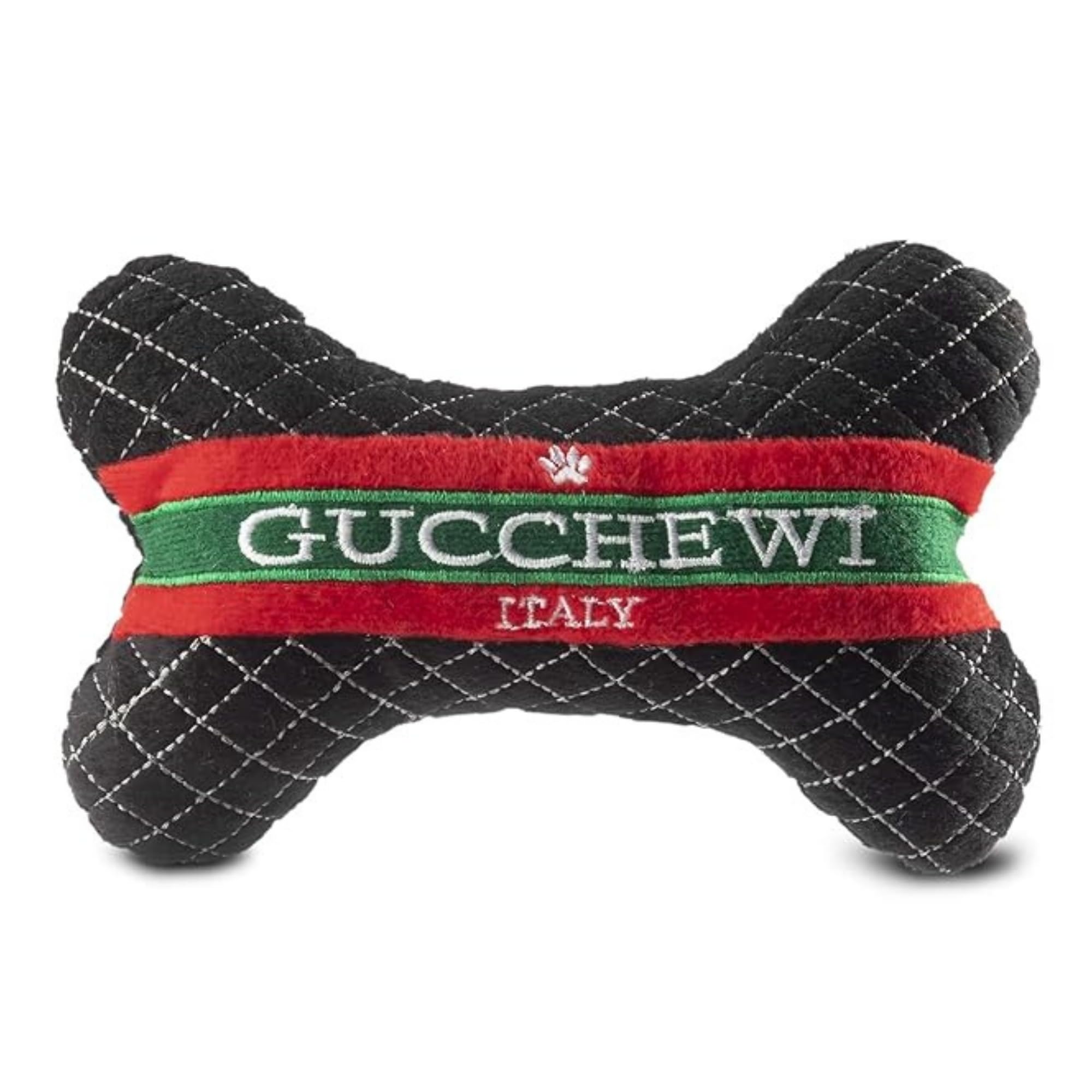 Dog Diggin Designs Gucchewi plush bone toy front view with bold patterns for stylish play