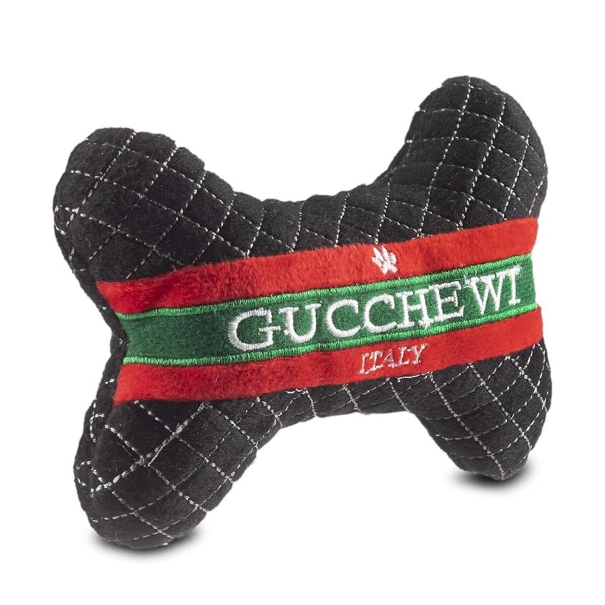 Dog Diggin Designs Gucchewi plush bone toy side view showing compact chew size