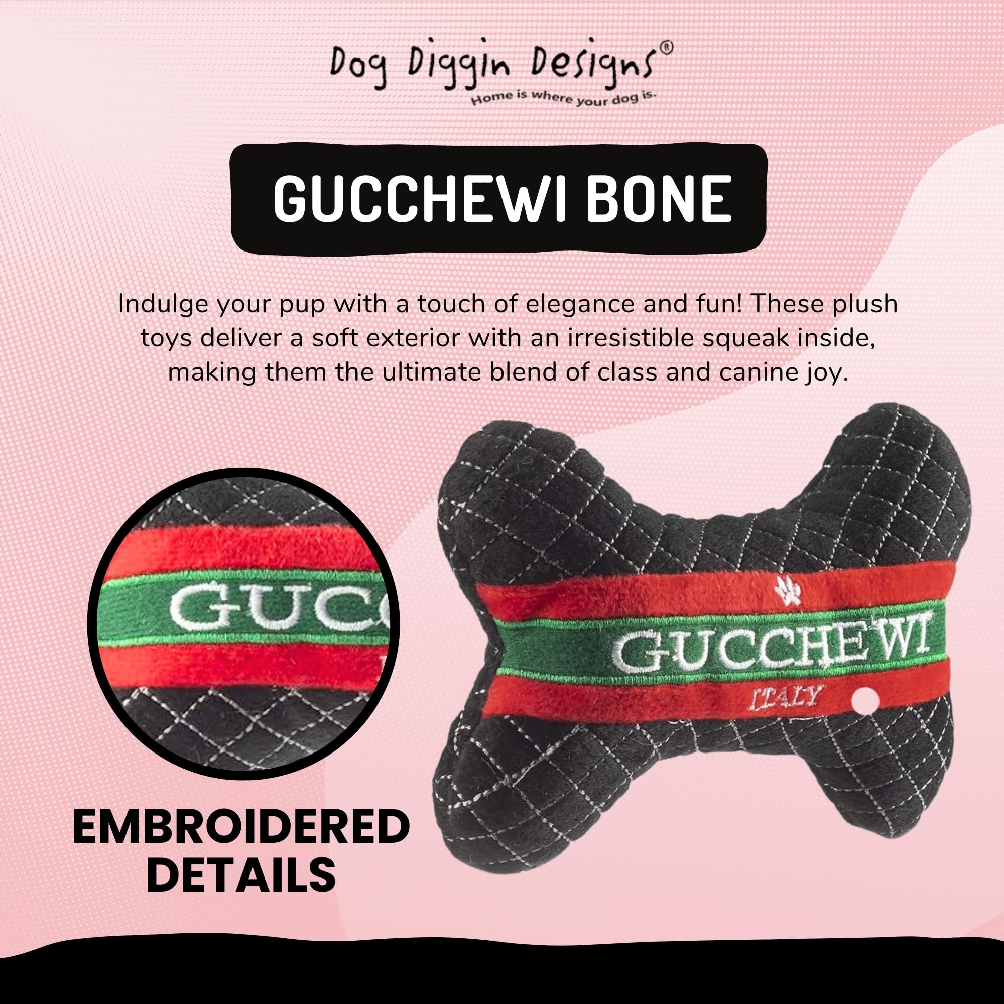 Dog Diggin Designs Gucchewi plush bone interior squeaker to boost interactive play