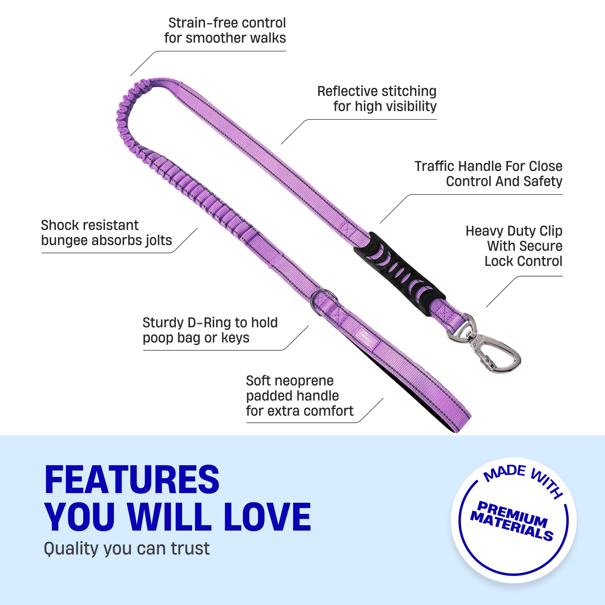 Dog Friendly Co Bungee leash with D-ring for accessories like bags or keys
