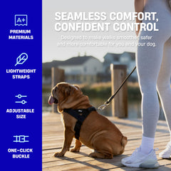 Dog Friendly Co harness with adjustable neck and chest for a snug, comfortable fit.