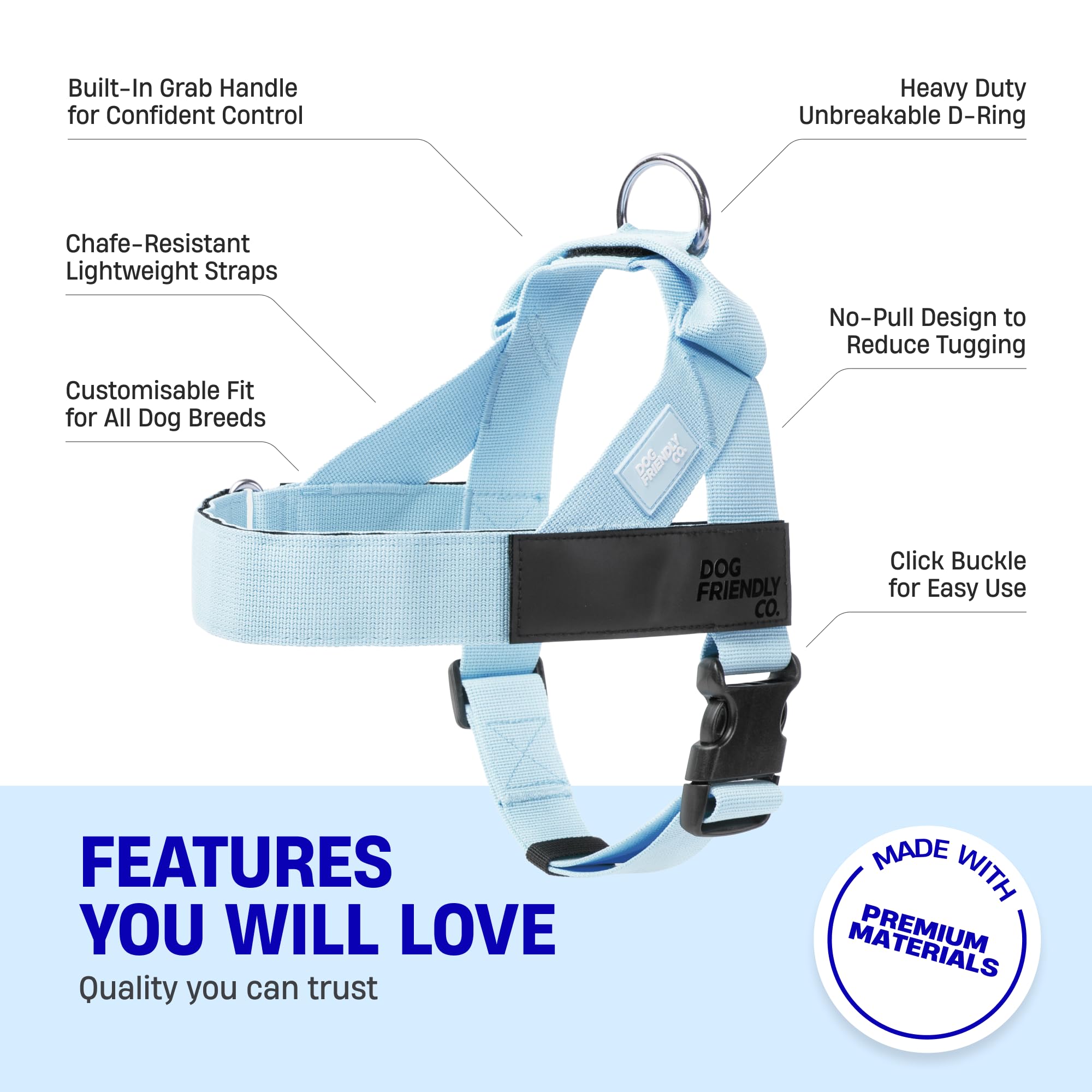 Dog Friendly Co harness with easy on-off clip for quick daily use.