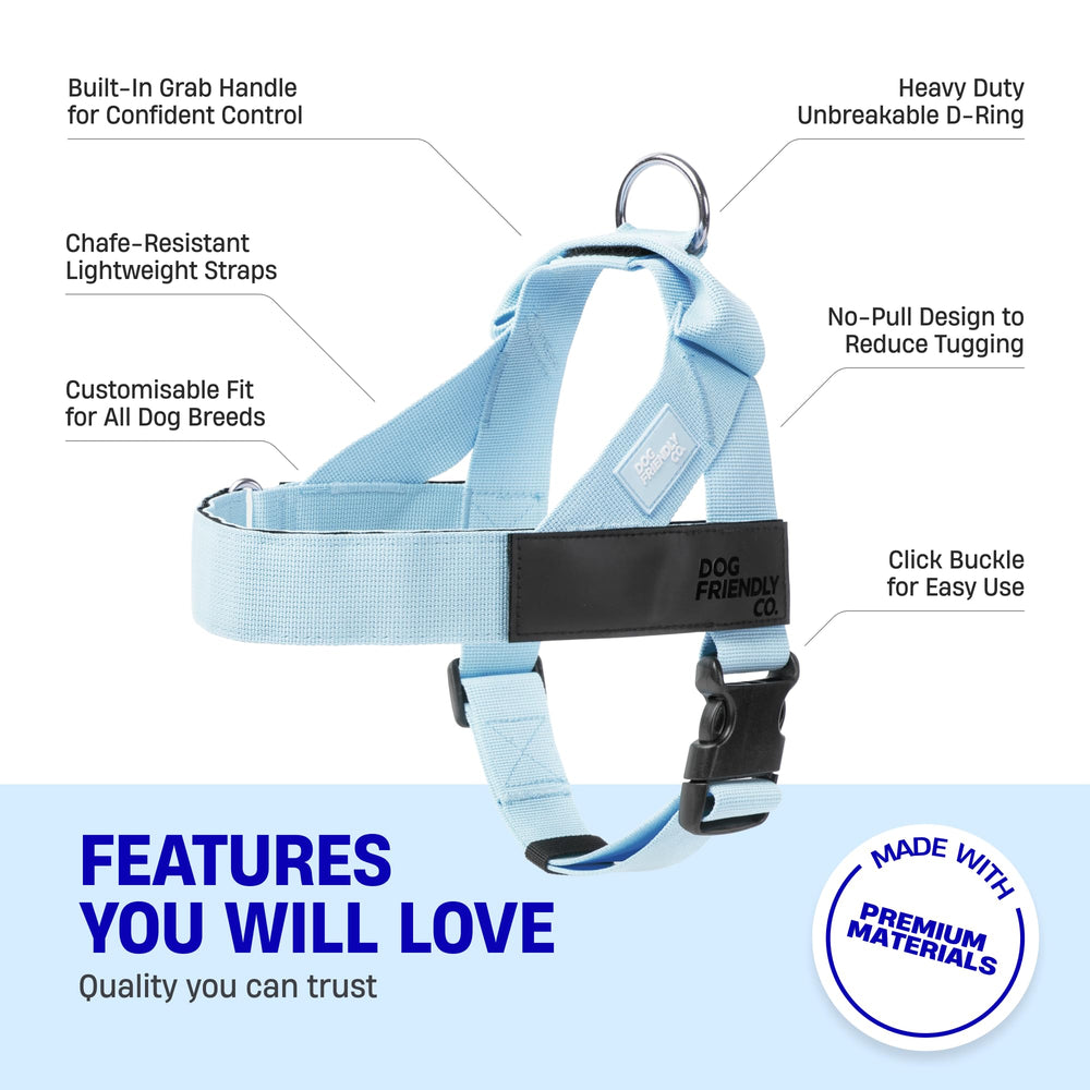 Dog Friendly Co harness with easy on-off clip for quick daily use.