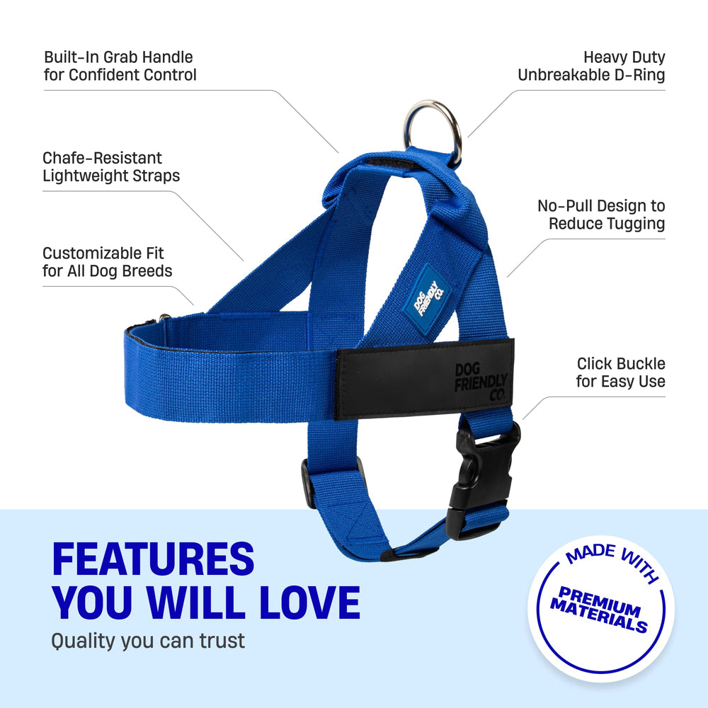 Dog Friendly Co harness clip-on design for quick on/off during walks.