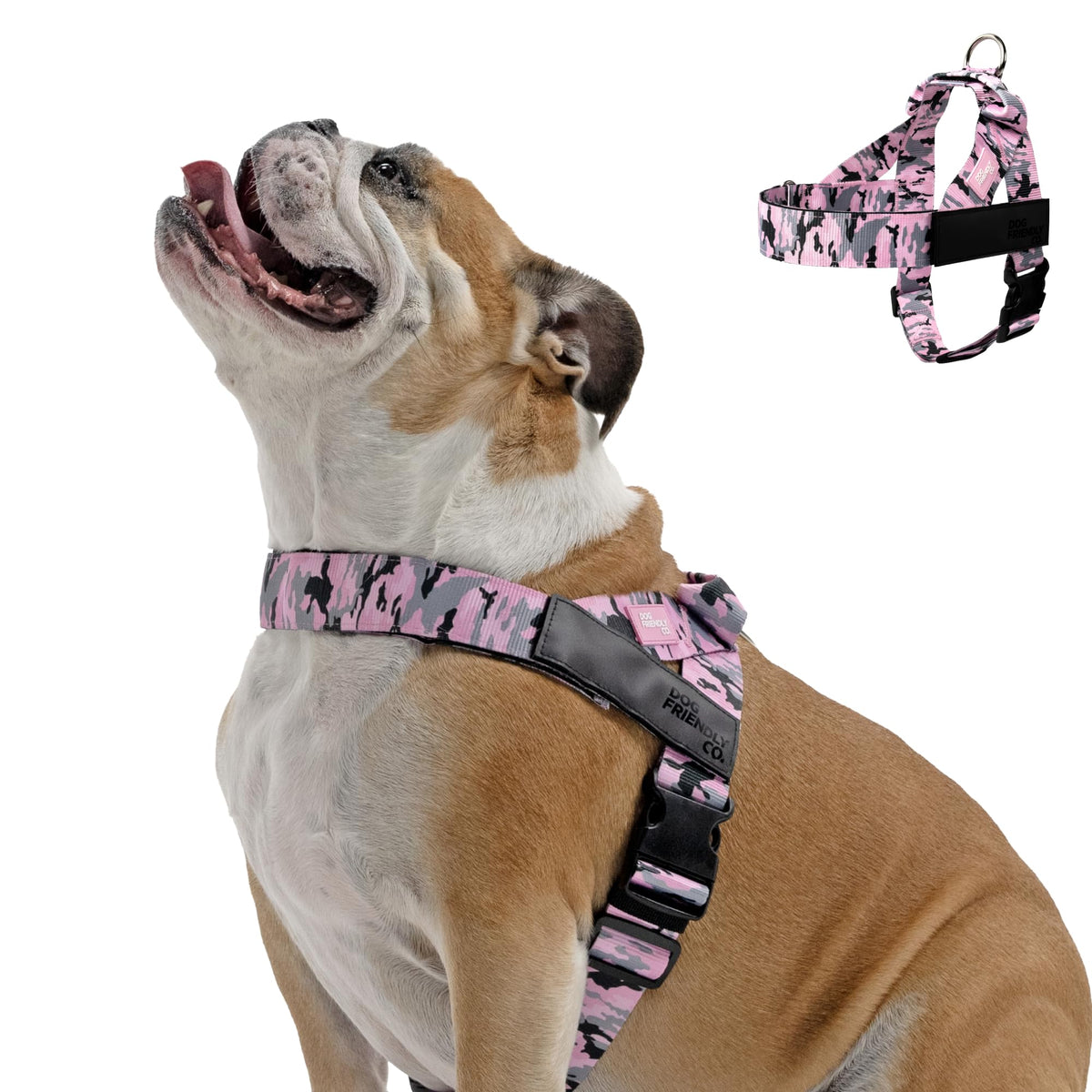 Dog Friendly Co harness with pink camo back D-ring for daily walks.