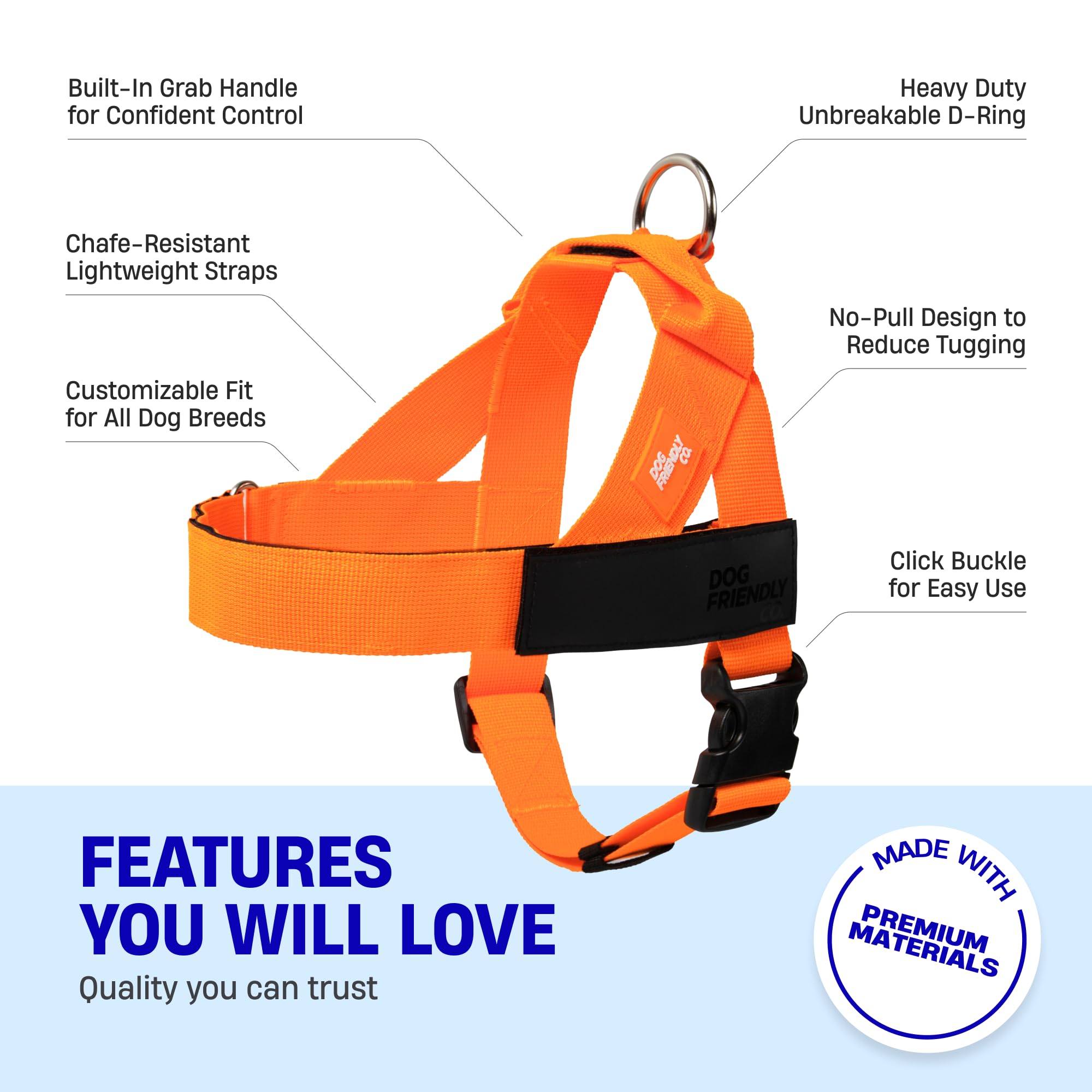 Dog Friendly Co Harness clip-on design for fast on/off during outings.
